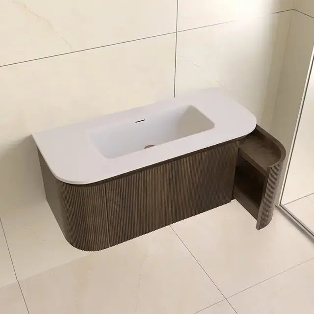 Beste Prijs Lambini Designs Eleganza rond badmeubel 100cm dark walnut met ribbelfront en wastafel zonder kraangat