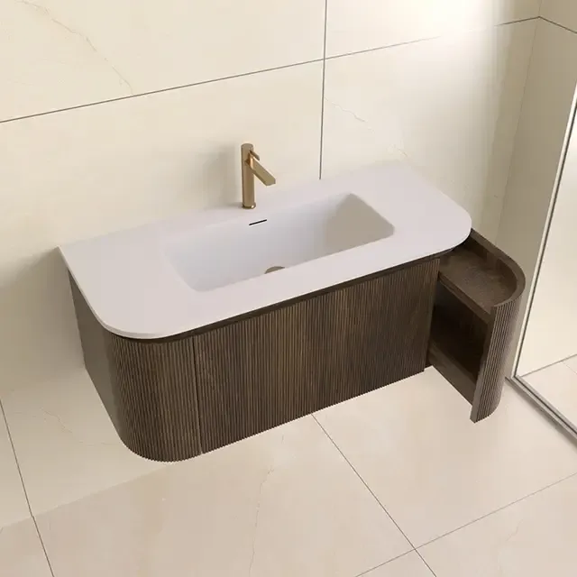 Bestseller Lambini Designs Eleganza rond badmeubel 100cm dark walnut met ribbelfront en wastafel met kraangat
