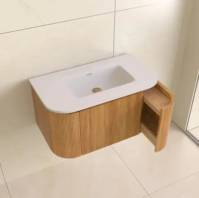 Lambini Designs Eleganza rond badmeubel 80cm acacia met ribbelfront en wastafel zonder kraangat Beste Prijs