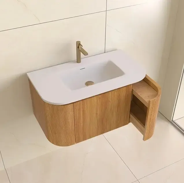 Snelle Levering Lambini Designs Eleganza rond badmeubel 80cm acacia met ribbelfront en wastafel met kraangat