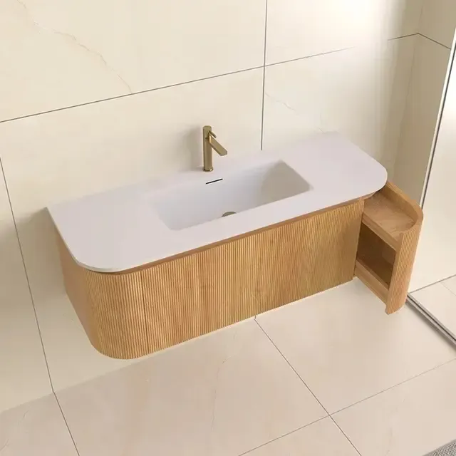 Beste Prijs Lambini Designs Eleganza rond badmeubel 120cm acacia met ribbelfront en wastafel met kraangat
