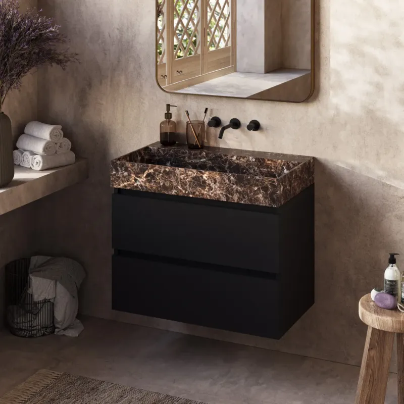 Op = Op Fontana Dark Emperador badkamermeubel zwart mat 80cm zonder kraangat
