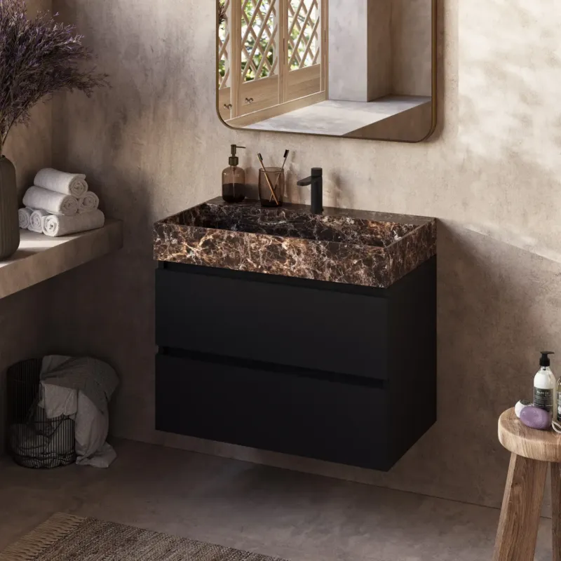 Laatste Kans Fontana Dark Emperador badkamermeubel zwart mat 80cm met kraangat