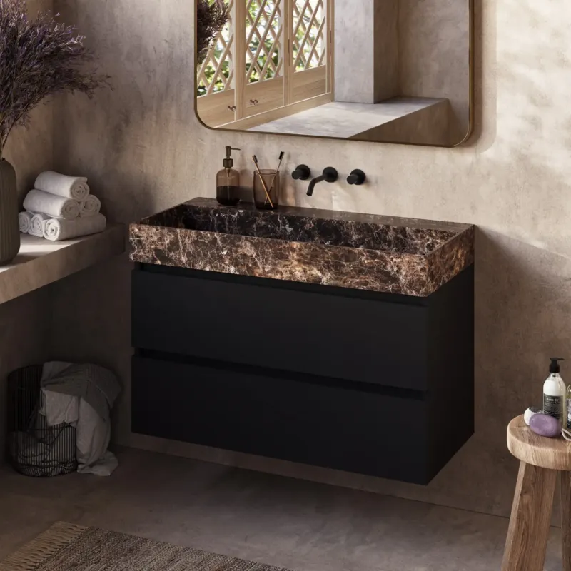 Direct Beschikbaar Fontana Dark Emperador badkamermeubel zwart mat 100cm zonder kraangat