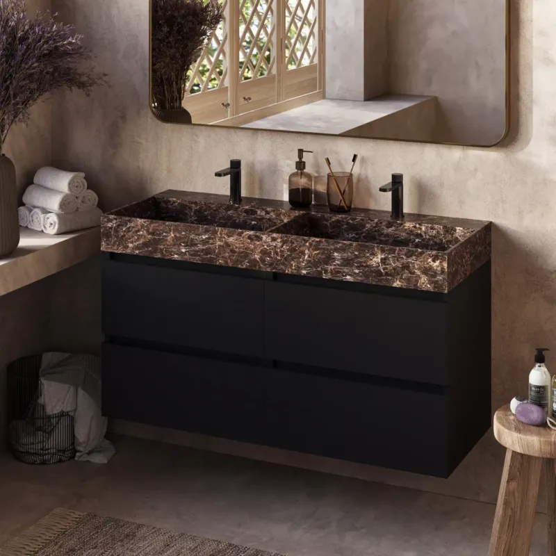 Nu Kopen Fontana Dark Emperador badkamermeubel zwart mat 120cm met 2 kraangaten