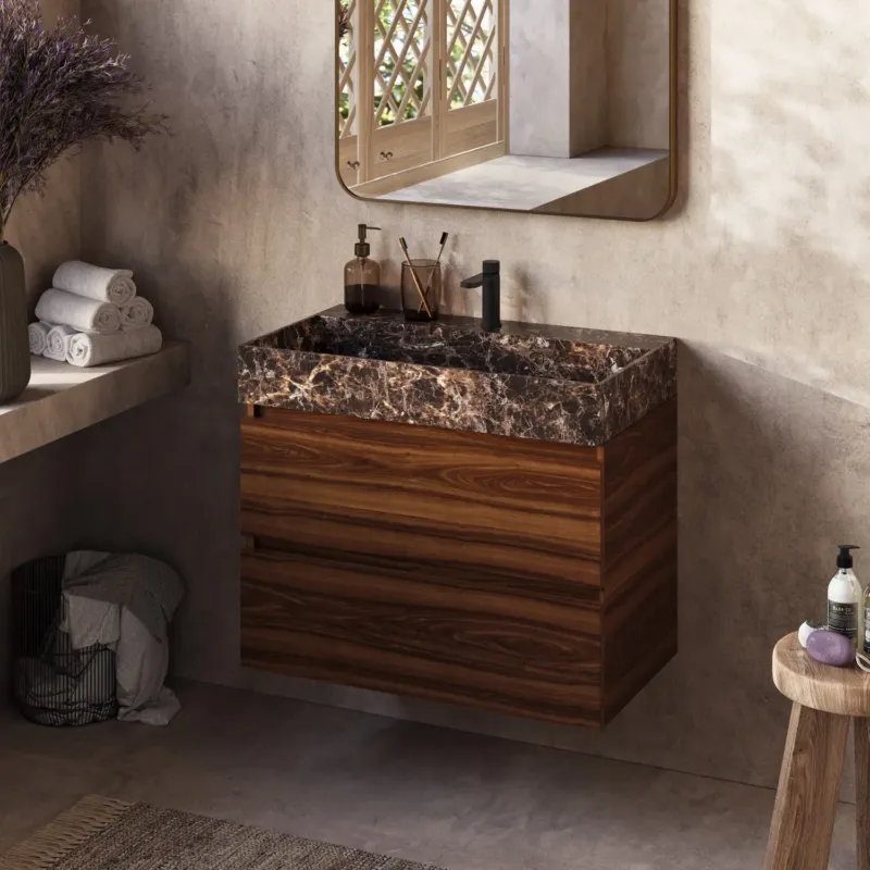 Speciale Aanbieding Fontana Dark Emperador badkamermeubel walnoot 80cm met kraangat