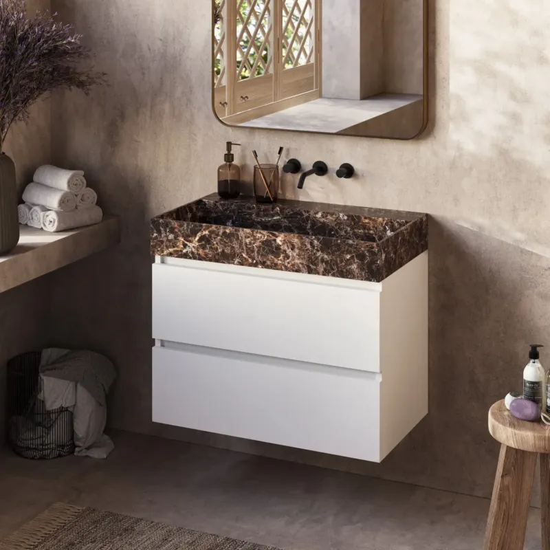 Hoge Kwaliteit Fontana Dark Emperador badkamermeubel mat wit 80cm zonder kraangat