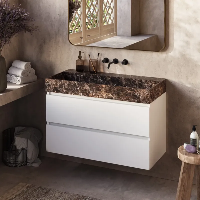 Laatste Versie Fontana Dark Emperador badkamermeubel mat wit 100cm zonder kraangat