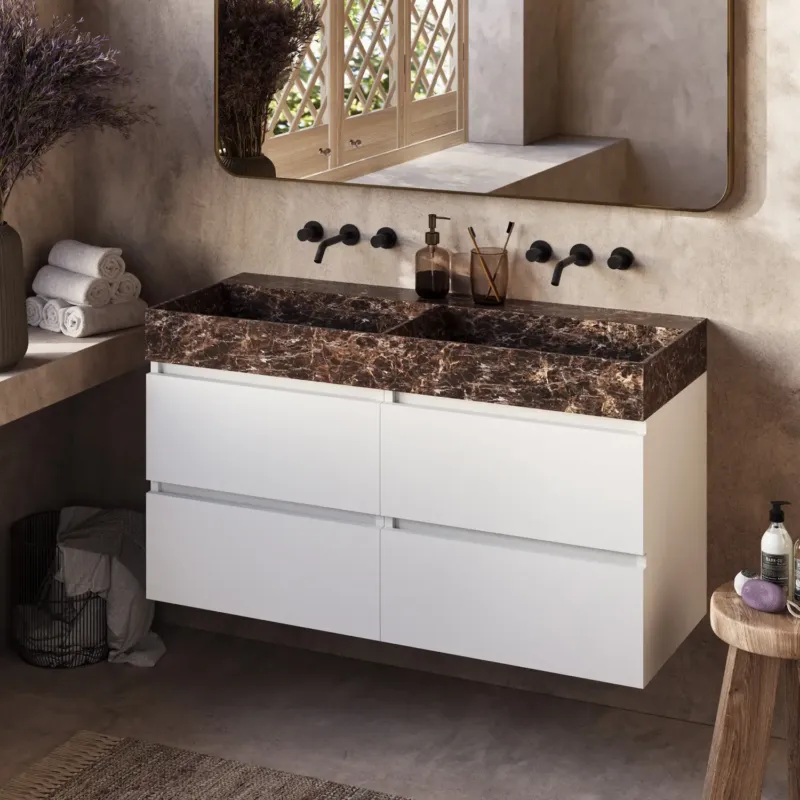 Beperkte Voorraad Fontana Dark Emperador badkamermeubel mat wit 120cm zonder kraangat
