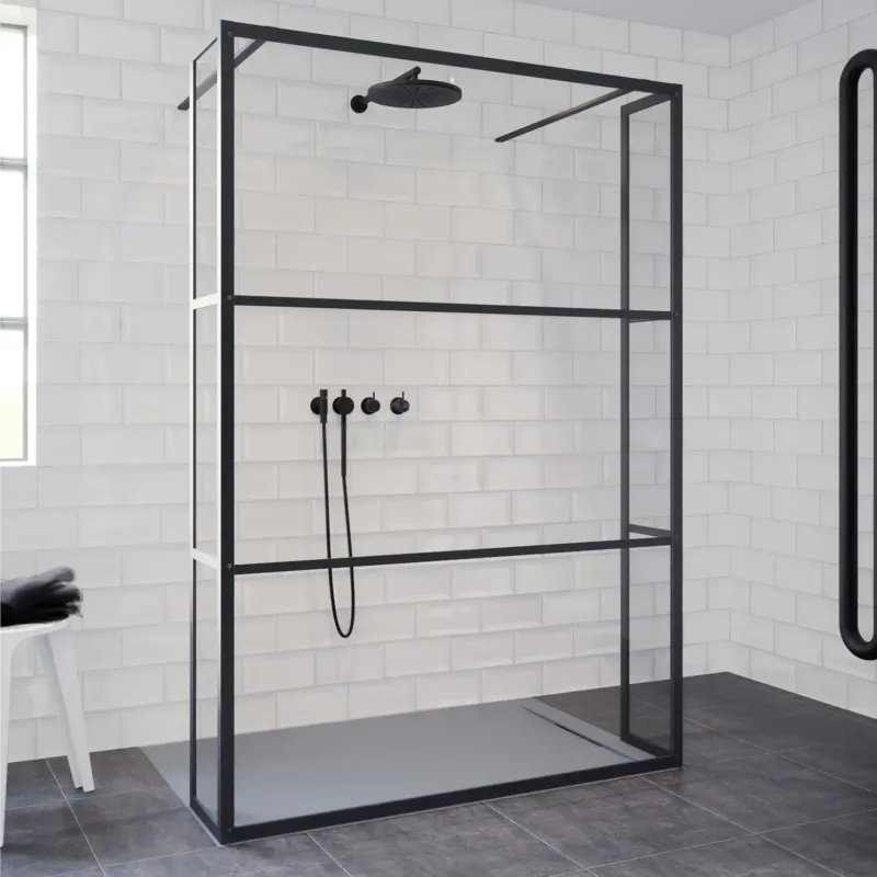 Voordeelprijs Riho Grid GB404 vrijstaande douchewand 90cm met 30cm zijwand zwart mat