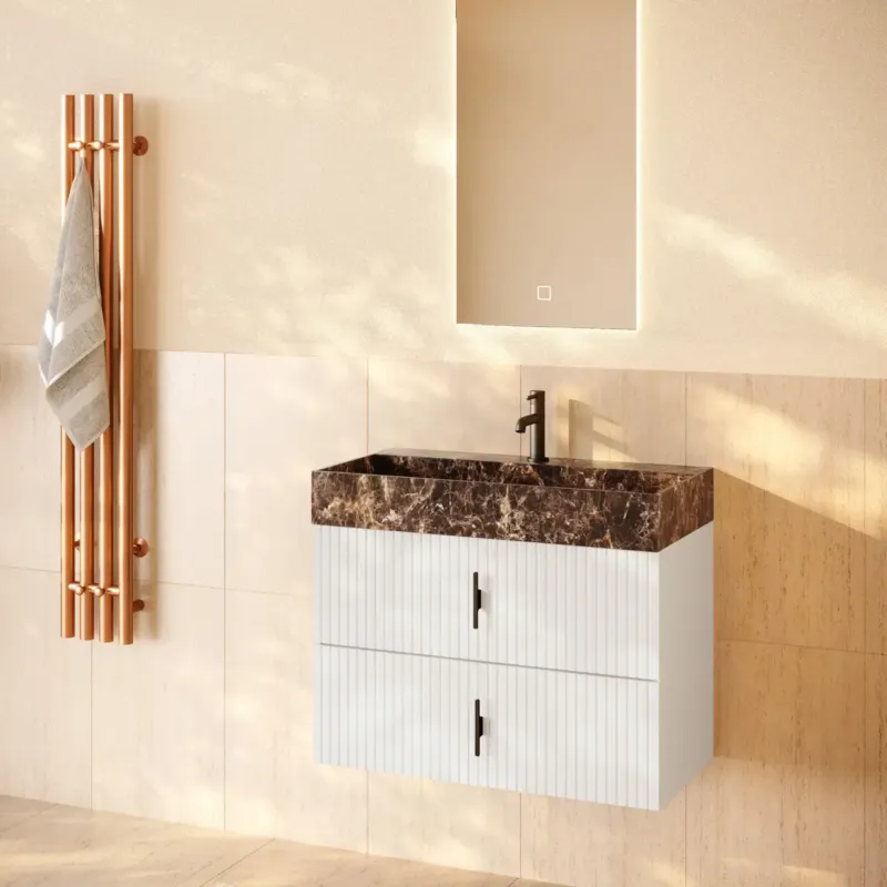 Speciale Aanbieding Muebles Murcia badmeubel ribbelfront 80cm wit mat met Dark Emperador wastafel met kraangat