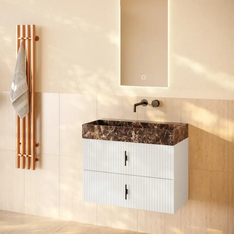 Muebles Murcia badmeubel ribbelfront 80cm wit mat met Dark Emperador wastafel zonder kraangat Hoge Kwaliteit