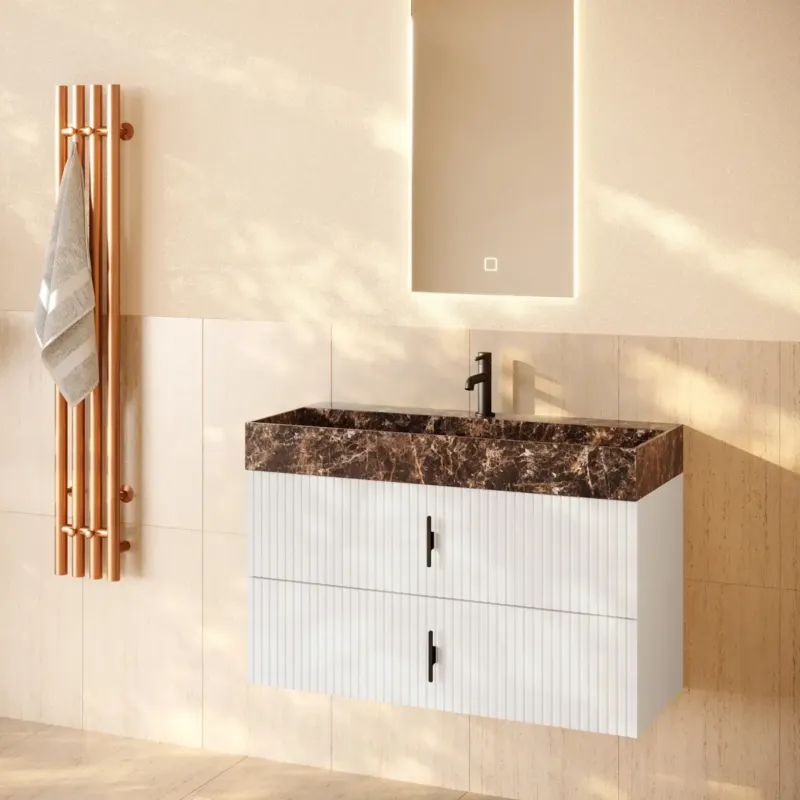 Muebles Murcia badmeubel ribbelfront 100cm wit mat met Dark Emperador wastafel met kraangat Bestseller