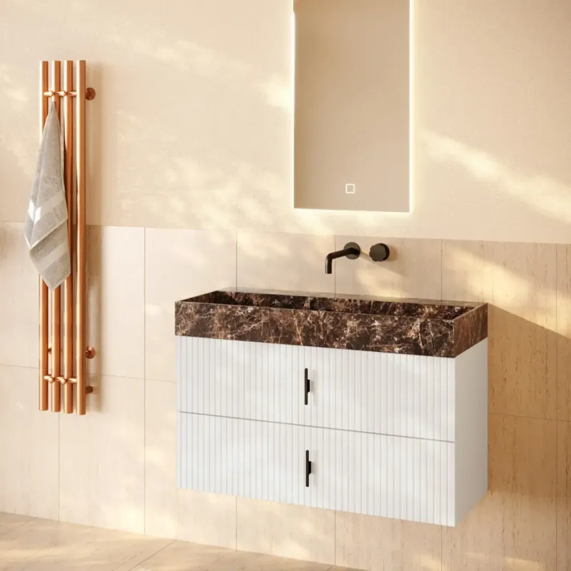 Muebles Murcia badmeubel ribbelfront 100cm wit mat met Dark Emperador wastafel zonder kraangat Superprijs