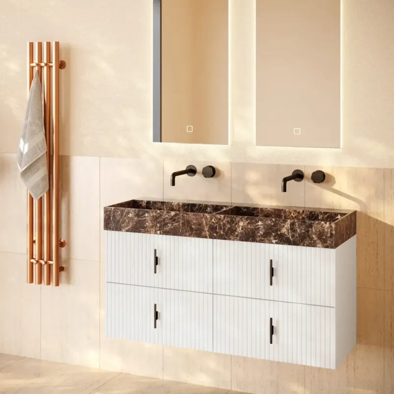 Muebles Murcia badmeubel ribbelfront 120cm wit mat met Dark Emperador wastafel zonder kraangaten Flitsaanbieding