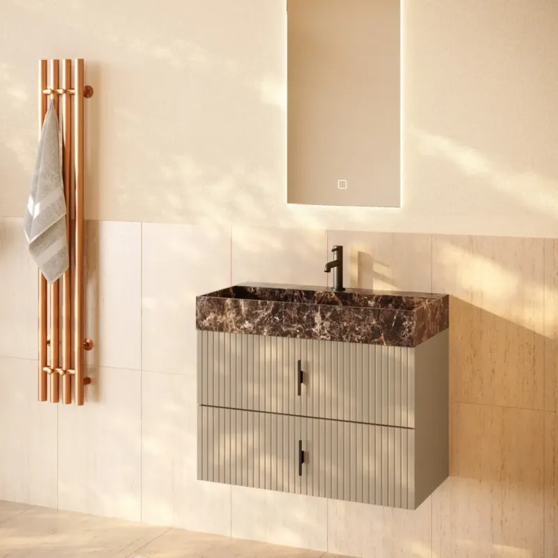 Beperkte Voorraad Muebles Murcia badmeubel ribbelfront 80cm macchiato met Dark Emperador wastafel met kraangat