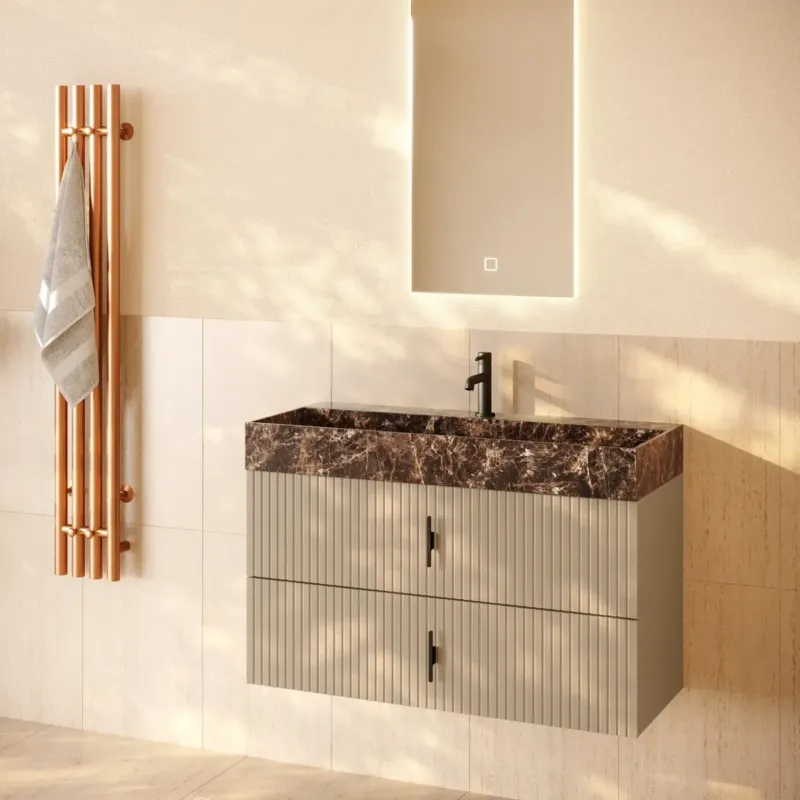 Alleen Vandaag Muebles Murcia badmeubel ribbelfront 100cm macchiato met Dark Emperador wastafel met kraangat