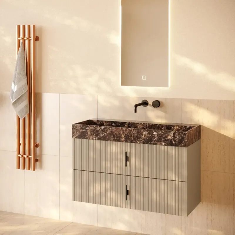 Muebles Murcia badmeubel ribbelfront 100cm macchiato met Dark Emperador wastafel zonder kraangat Laatste Versie