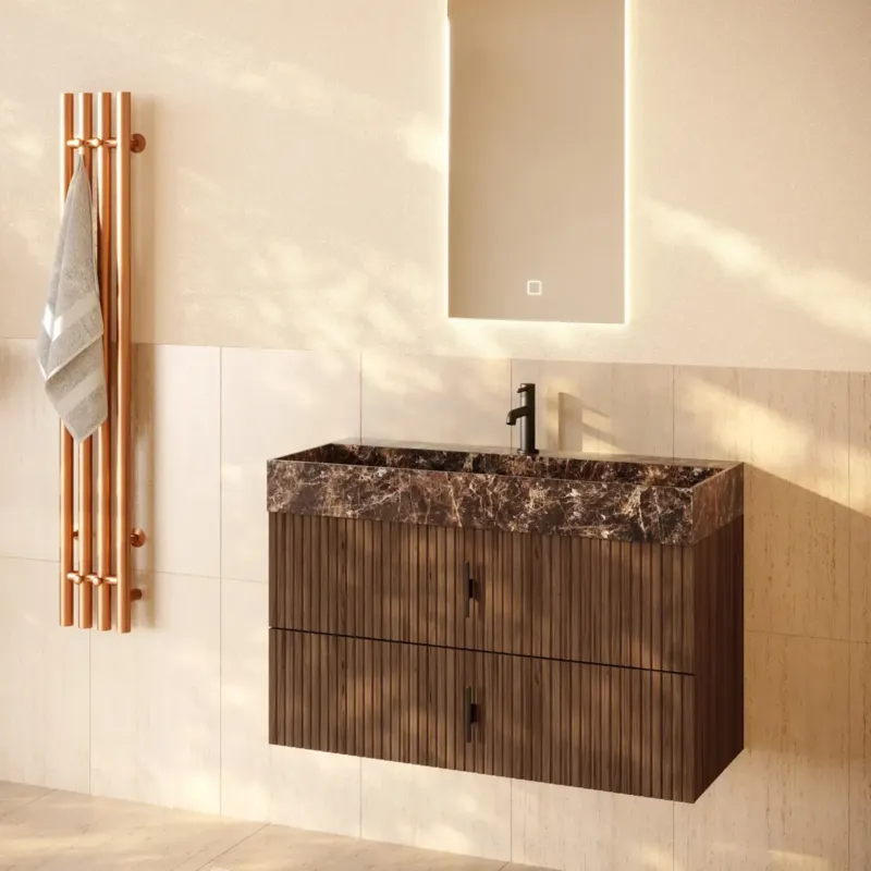 Bestseller Muebles Murcia badmeubel ribbelfront 100cm walnoot met Dark Emperador wastafel met kraangat