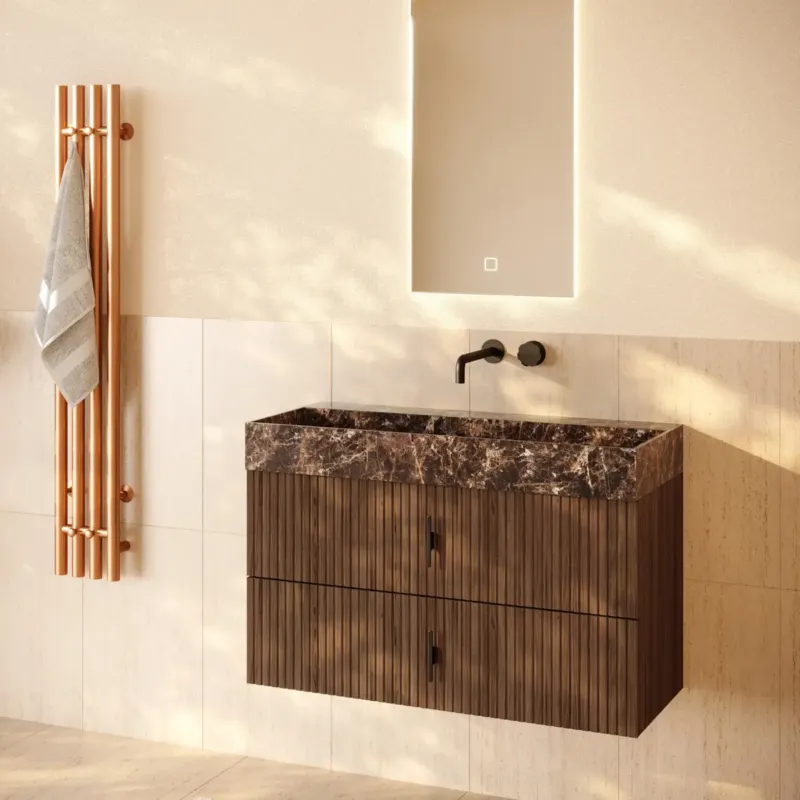 Muebles Murcia badmeubel ribbelfront 100cm walnoot met Dark Emperador wastafel zonder kraangat Must-Have