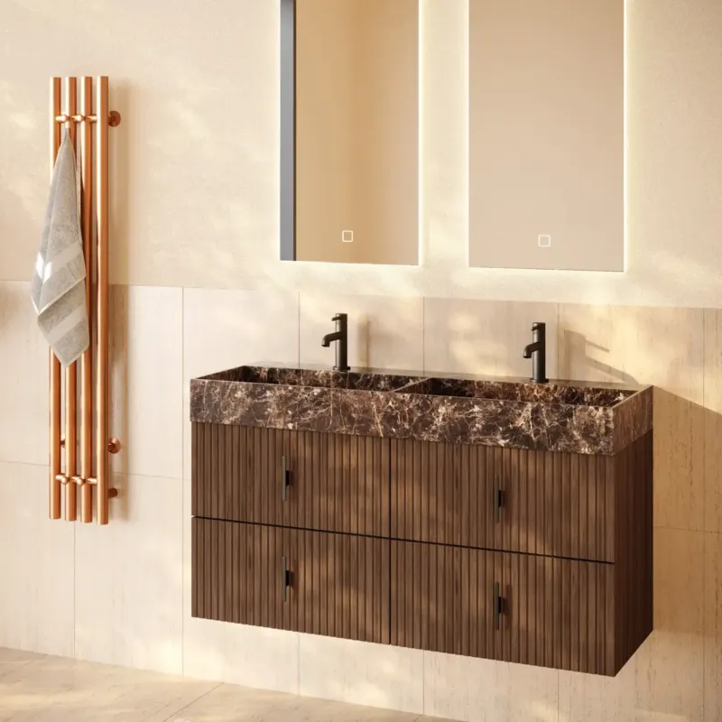 Premium Muebles Murcia badmeubel ribbelfront 120cm walnoot met Dark Emperador wastafel met kraangaten