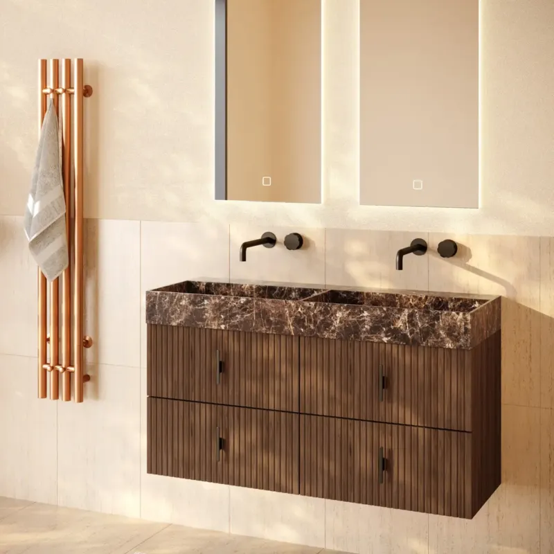Muebles Murcia badmeubel ribbelfront 120cm walnoot met Dark Emperador wastafel zonder kraangaten Hoge Kwaliteit