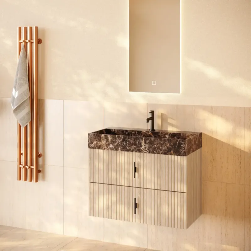 Muebles Murcia badmeubel ribbelfront 80cm naturel eiken met Dark Emperador wastafel met kraangat Koopje