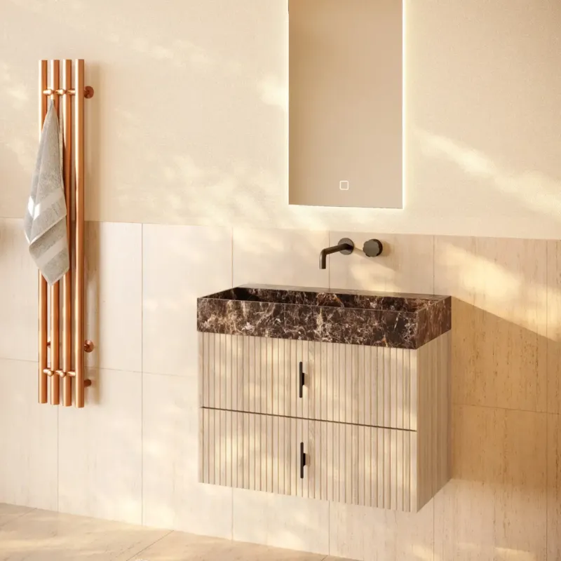 Dagaanbieding Muebles Murcia badmeubel ribbelfront 80cm naturel eiken met Dark Emperador wastafel zonder kraangat