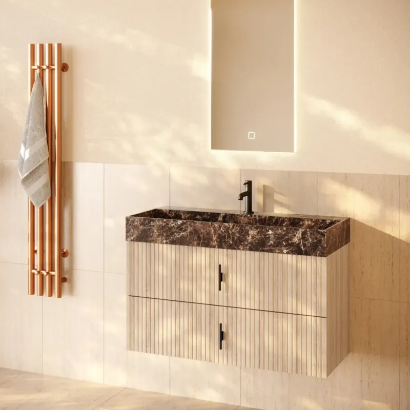 Muebles Murcia badmeubel ribbelfront 100cm naturel eiken met Dark Emperador wastafel met kraangat Op = Op
