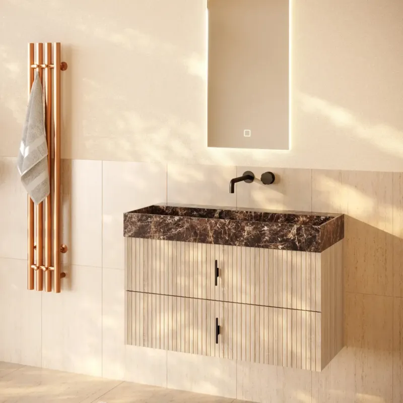 Must-Have Muebles Murcia badmeubel ribbelfront 100cm naturel eiken met Dark Emperador wastafel zonder kraangat