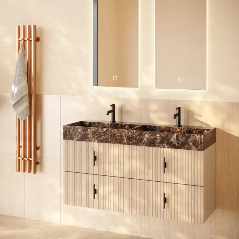 Bestel Nu Muebles Murcia badmeubel ribbelfront 120cm naturel eiken met Dark Emperador wastafel met kraangaten
