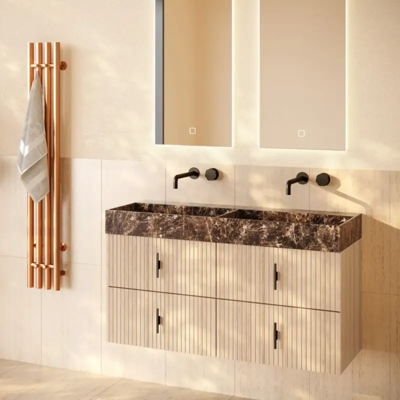 Muebles Murcia badmeubel ribbelfront 120cm naturel eiken met Dark Emperador wastafel zonder kraangaten Flitsaanbieding
