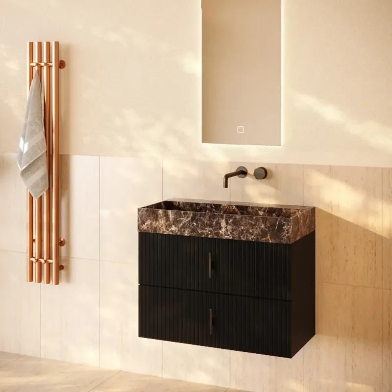 Muebles Murcia badmeubel ribbelfront 80cm zwart mat met Dark Emperador wastafel zonder kraangat Lage Prijs