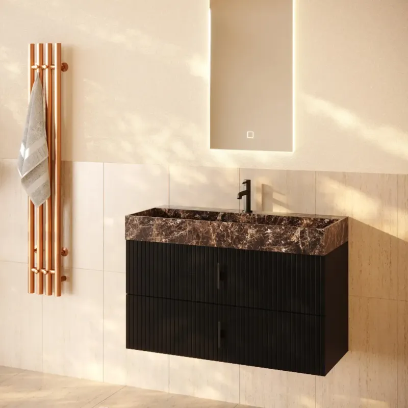 Direct Beschikbaar Muebles Murcia badmeubel ribbelfront 100cm zwart mat met Dark Emperador wastafel met kraangat