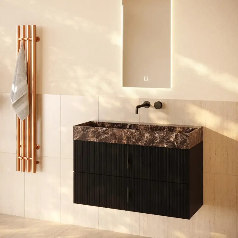 Muebles Murcia badmeubel ribbelfront 100cm zwart mat met Dark Emperador wastafel zonder kraangat Weekendaanbieding