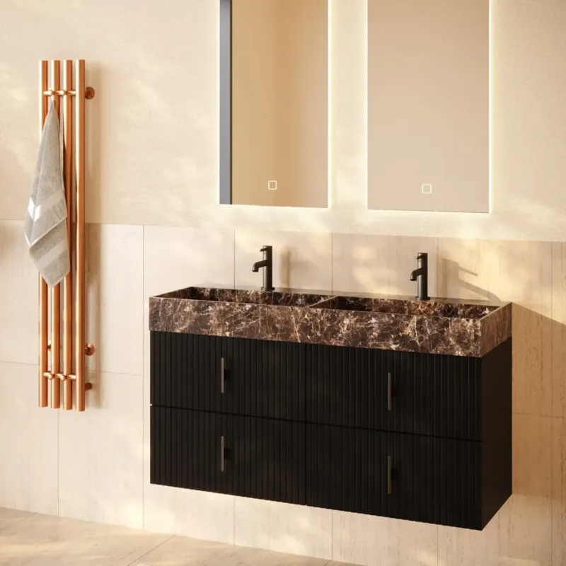 Muebles Murcia badmeubel ribbelfront 120cm zwart mat met Dark Emperador wastafel met kraangaten Exclusieve Aanbieding