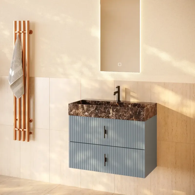 Hete Deal Muebles Murcia badmeubel ribbelfront 80cm baby blauw met Dark Emperador wastafel met kraangat