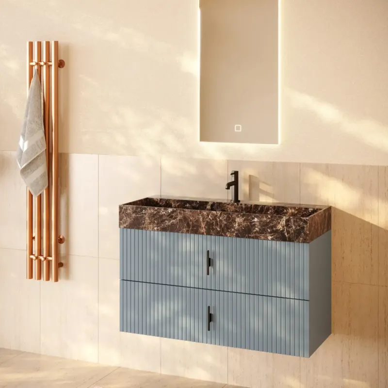 Snelle Levering Muebles Murcia badmeubel ribbelfront 100cm baby blauw met Dark Emperador wastafel met kraangat