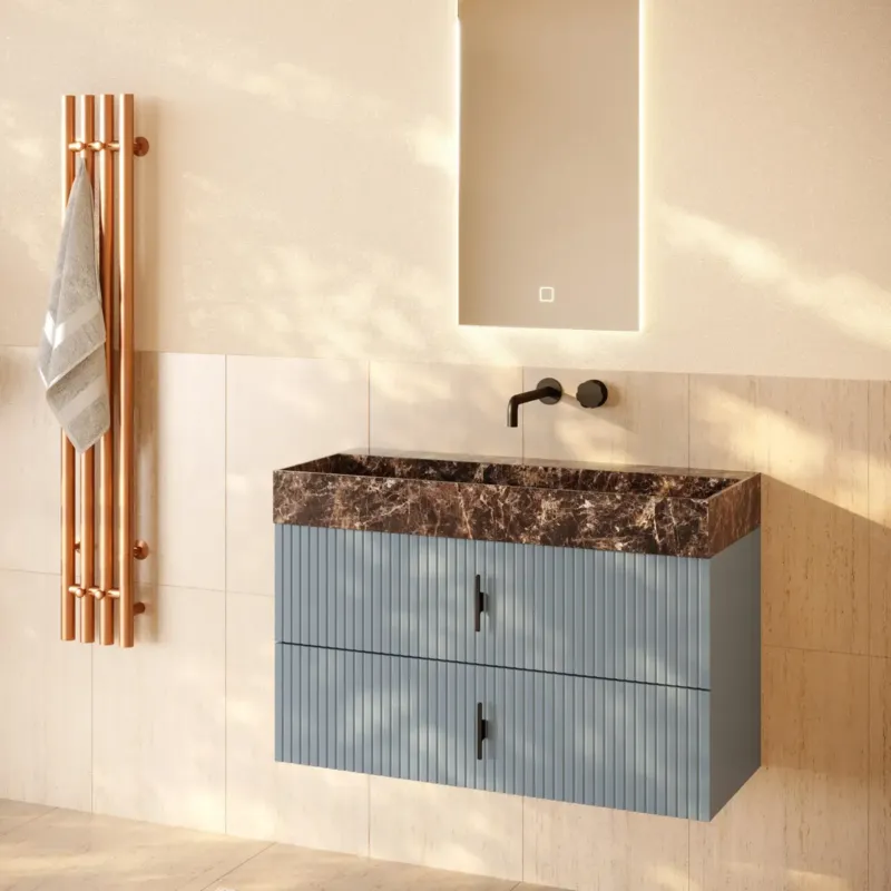 Aanbieding Muebles Murcia badmeubel ribbelfront 100cm baby blauw met Dark Emperador wastafel zonder kraangat