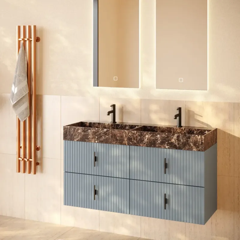 Meest Verkocht Muebles Murcia badmeubel ribbelfront 120cm baby blauw met Dark Emperador wastafel met kraangaten