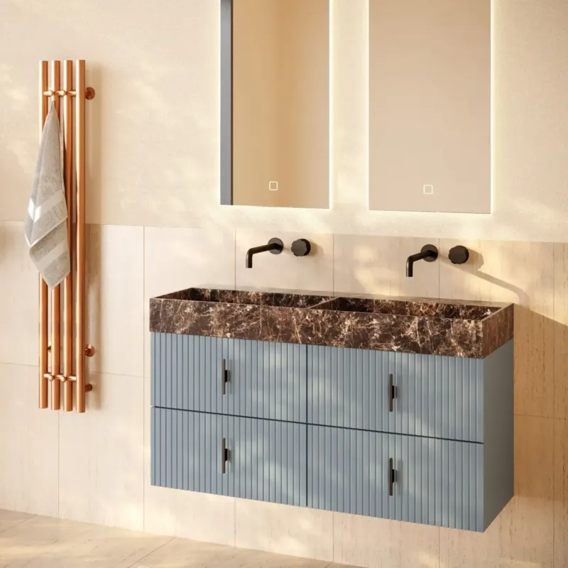 Muebles Murcia badmeubel ribbelfront 120cm baby blauw met Dark Emperador wastafel zonder kraangaten Direct Beschikbaar