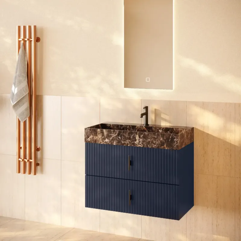 Muebles Murcia badmeubel ribbelfront 80cm marine blauw met Dark Emperador wastafel met kraangat Actieprijs