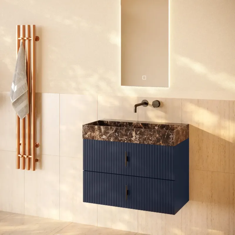 Muebles Murcia badmeubel ribbelfront 80cm marine blauw met Dark Emperador wastafel zonder kraangat Beperkt Aanbod