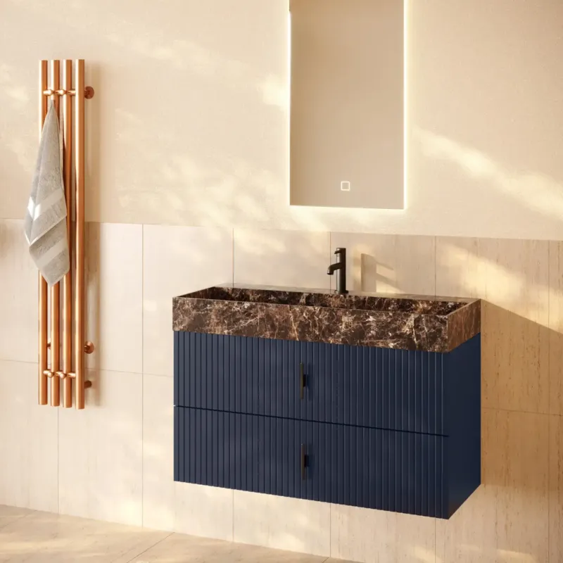 Muebles Murcia badmeubel ribbelfront 100cm marine blauw met Dark Emperador wastafel met kraangat Dagaanbieding