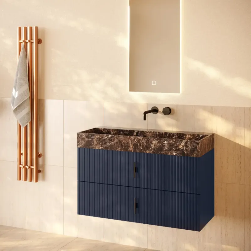 Muebles Murcia badmeubel ribbelfront 100cm marine blauw met Dark Emperador wastafel zonder kraangat Meest Verkocht
