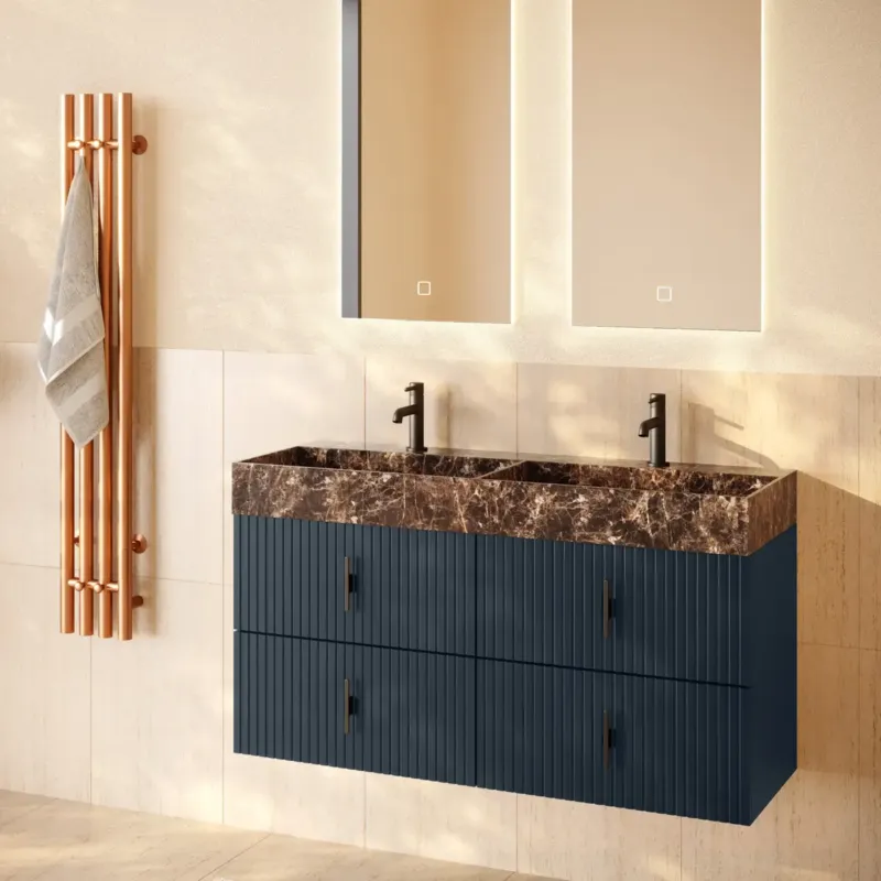 Muebles Murcia badmeubel ribbelfront 120cm marine blauw met Dark Emperador wastafel met kraangaten Finale Uitverkoop