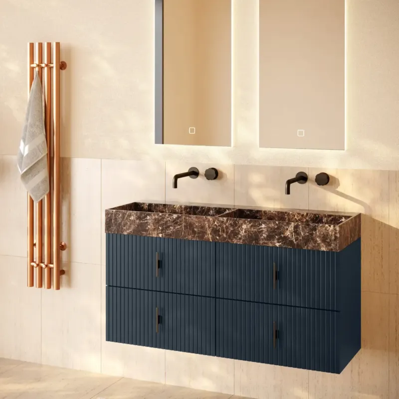 Laatste Kans Muebles Murcia badmeubel ribbelfront 120cm marine blauw met Dark Emperador wastafel zonder kraangaten