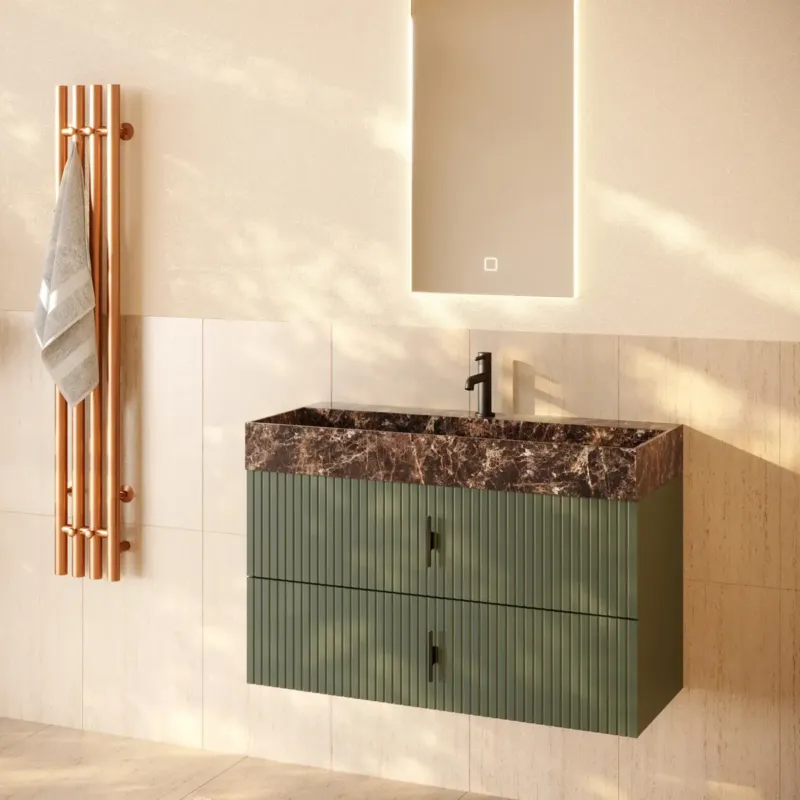 Muebles Murcia badmeubel ribbelfront 100cm legergroen met Dark Emperador wastafel met kraangat Premium