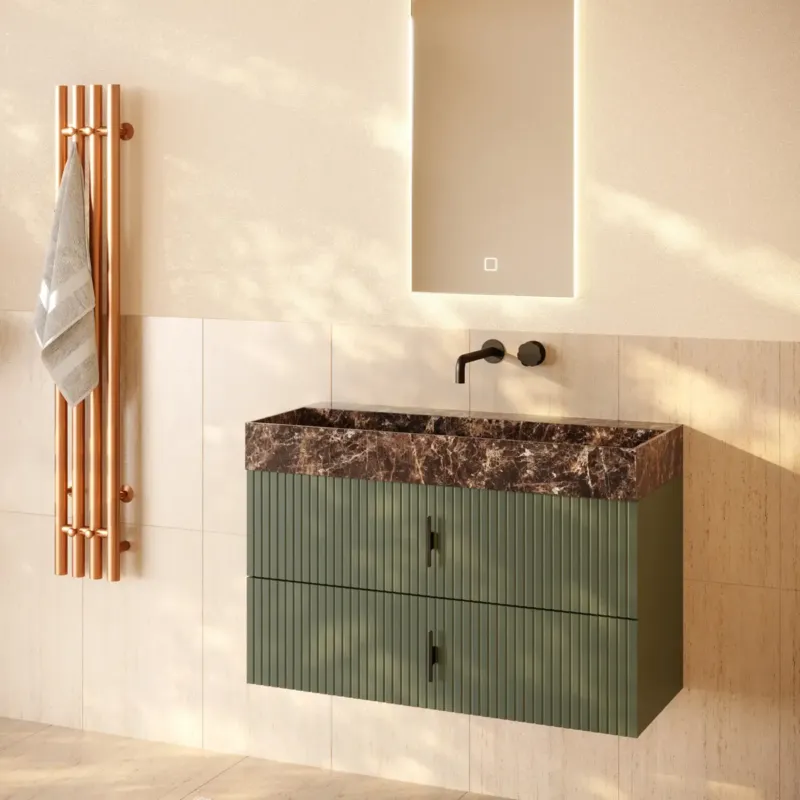 Snelle Levering Muebles Murcia badmeubel ribbelfront 100cm legergroen met Dark Emperador wastafel zonder kraangat