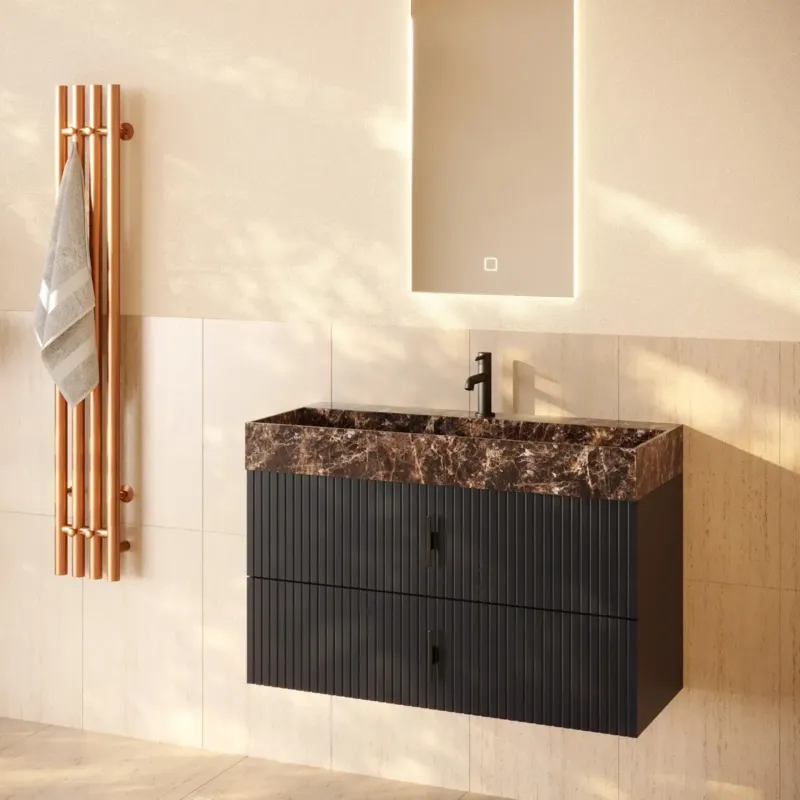 Muebles Murcia badmeubel ribbelfront 100cm antraciet met Dark Emperador wastafel met kraangat Nu Kopen